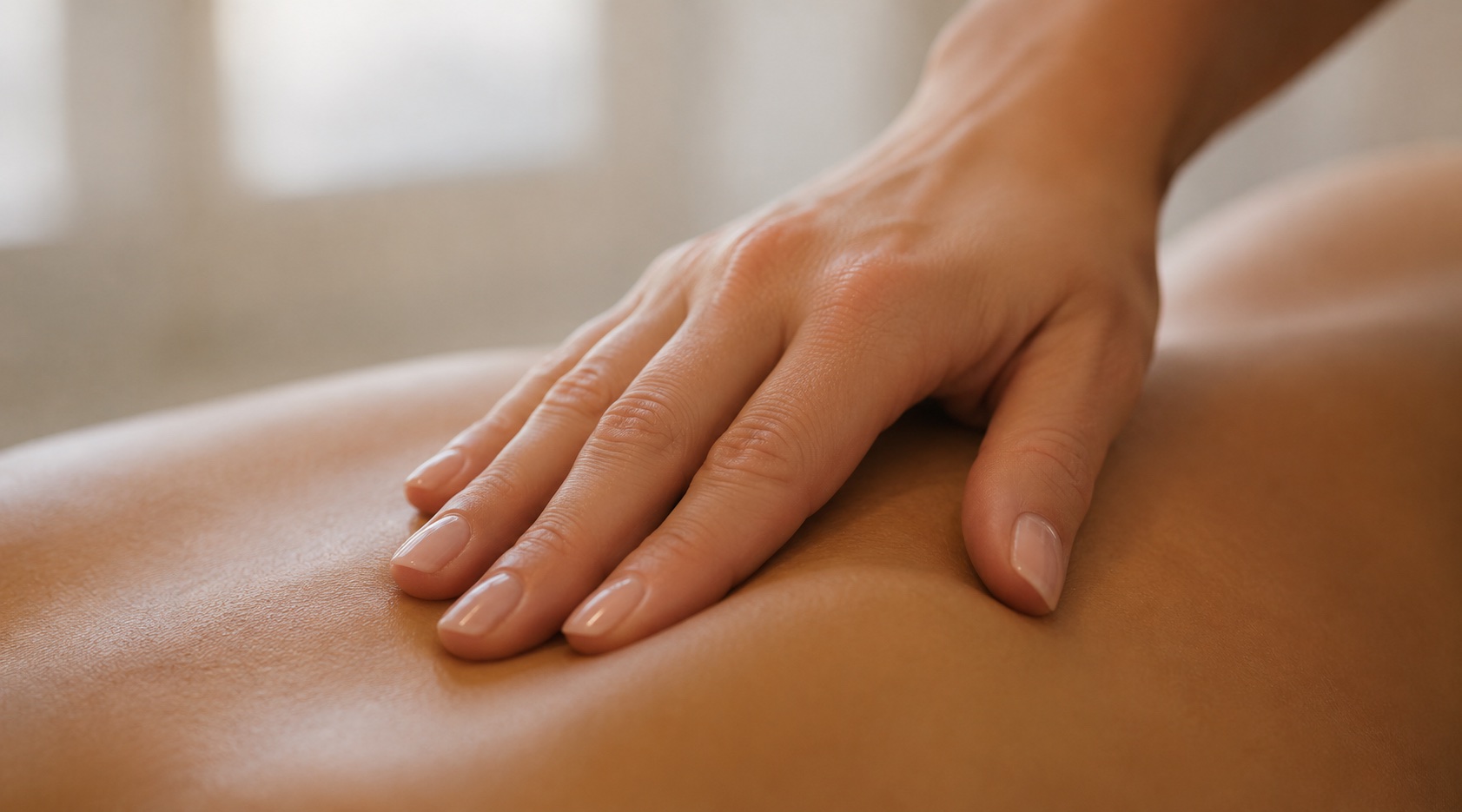 A therapist’s hand applying measured pressure to a client’s back during a massage